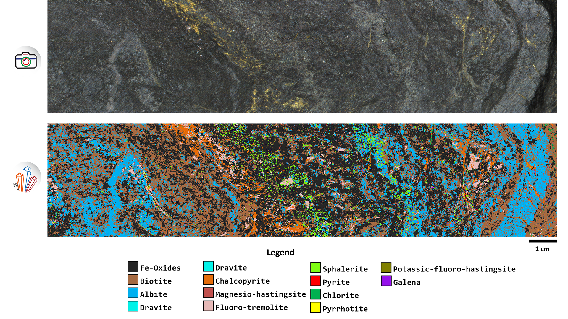 Fig. 3: A photograph and a SAM image of a section of drill core from a VMS deposit