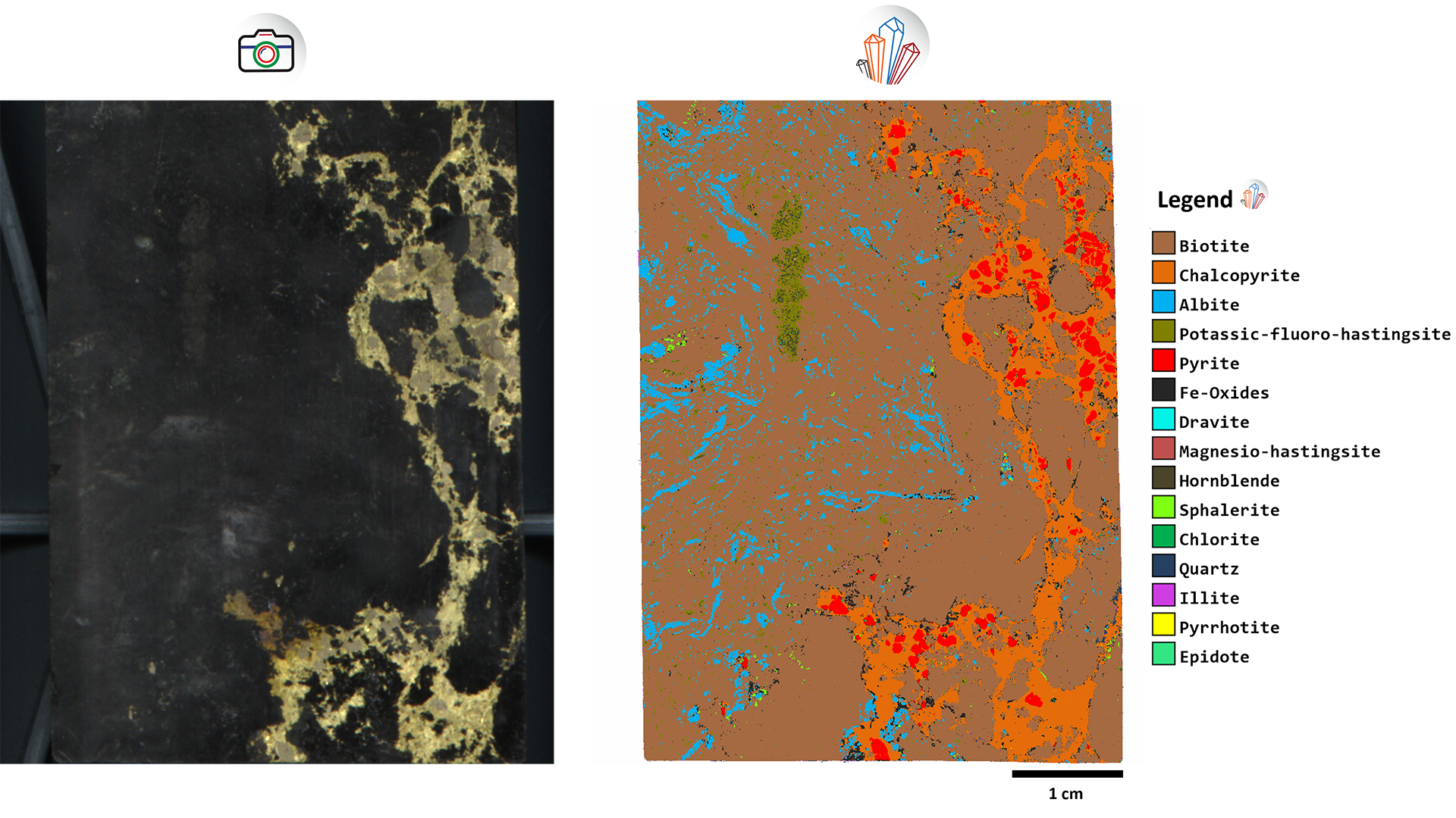 Fig. 4: A photograph and a SAM image of a thin section off-cut from a VMS deposit