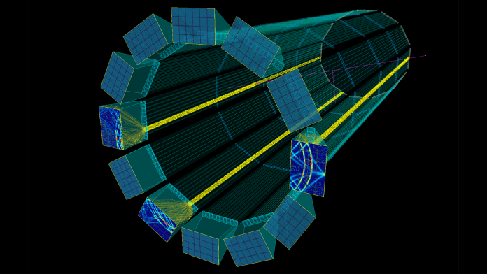 hpDIRC detector in a Geant4 simulation displaying segmented images for multiple accumulated pions firing at three selected configurations