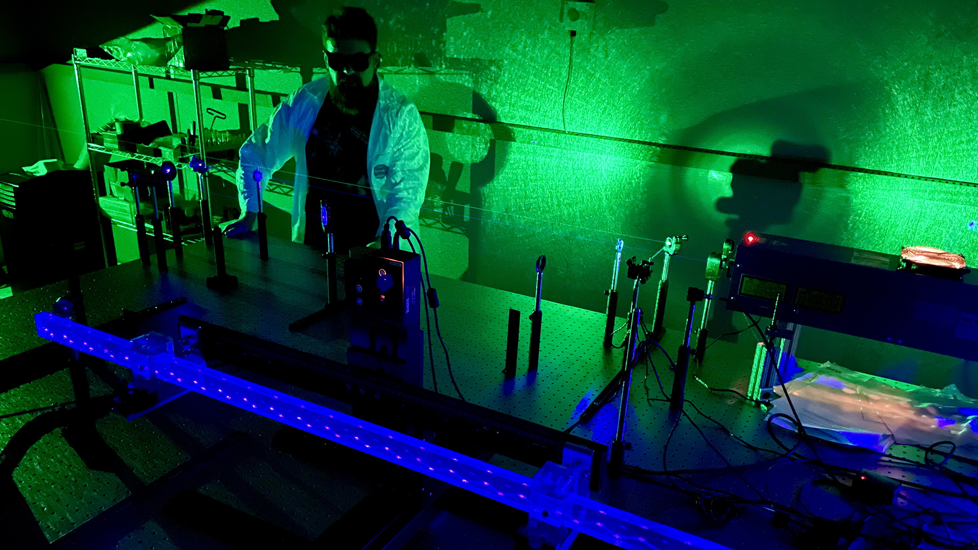 Dr. Kalicy measuring DIRC radiator bar in the laser lab at Jefferson Lab